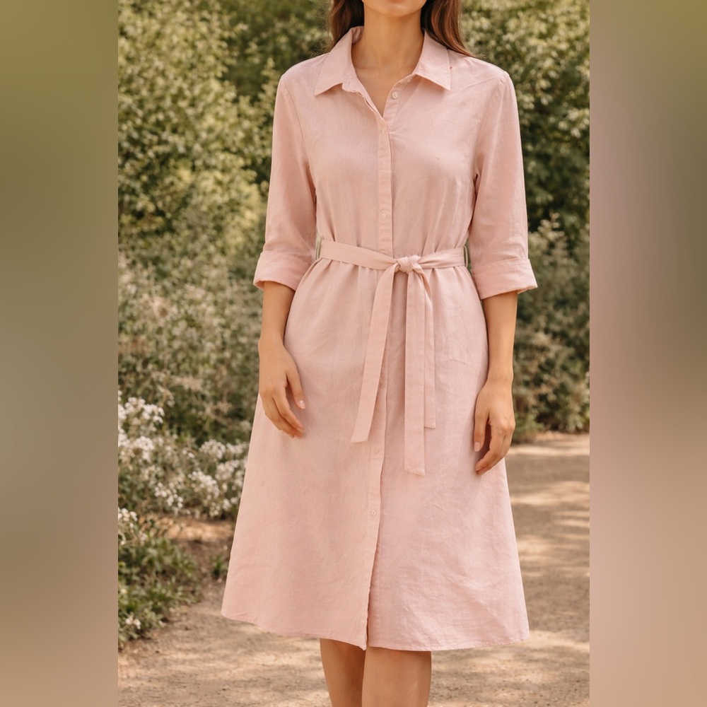 Zara Linen Blend Shirt Dress Blush Pink Belted Midi XXL